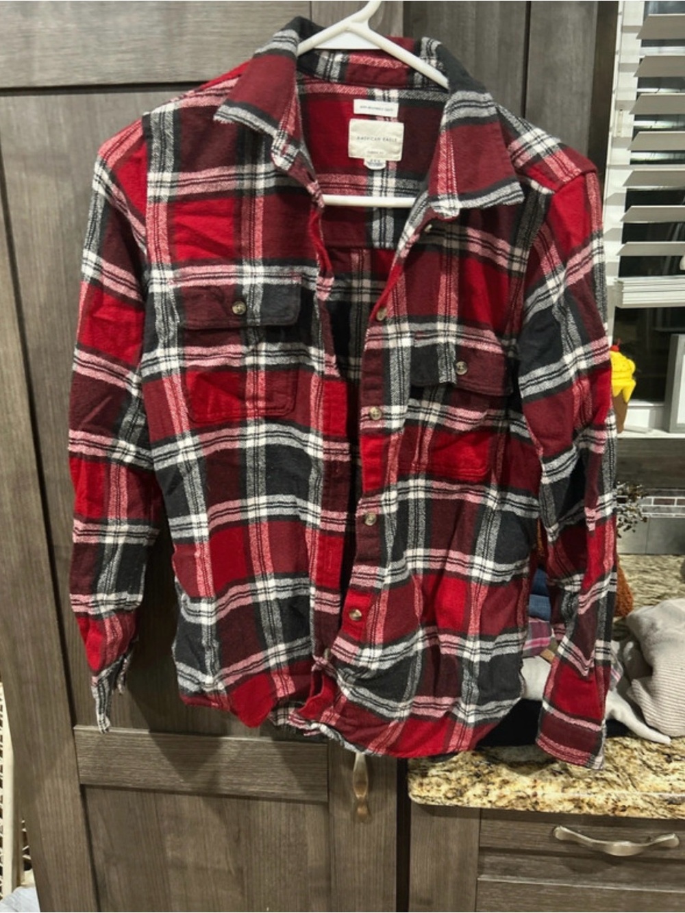 American Eagle Outfitters Red Black and White Plaid Button-Down Shirt
